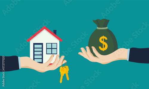 Buying house. Agent of real estate holding in hand house, key. Buyer, customer gives money bag. Vector illustration flat design.