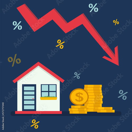 Housing price falling down, real estate and property crash, value drop or decline, home loan or mortgage risk concept.
