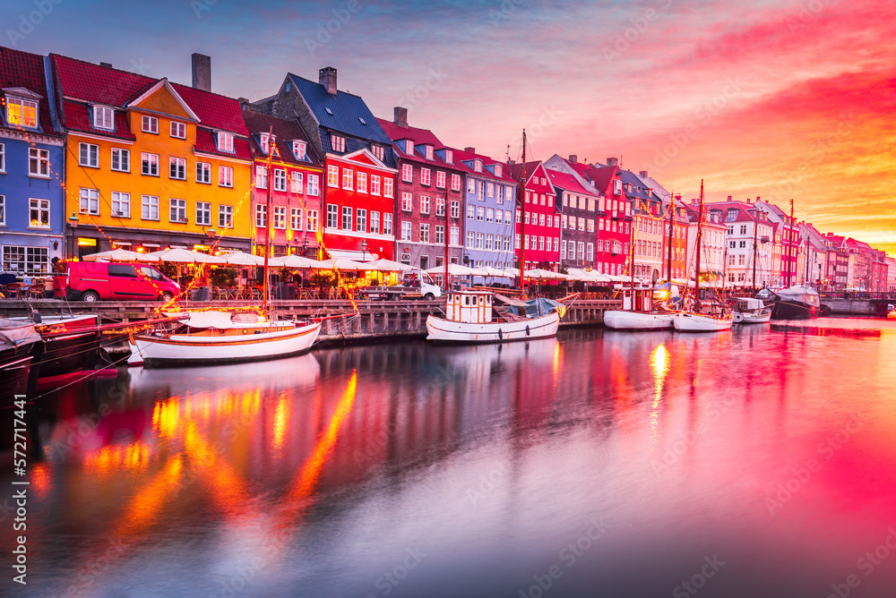 Copenhagen, Denmark. Nyhavn, Kobenhavn's iconic canal colorful sunrise