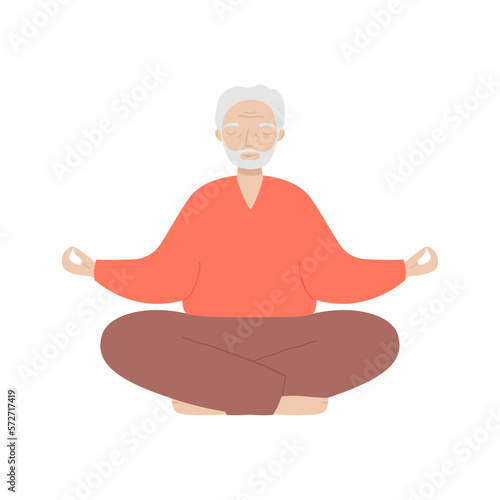 Senior man sits cross-legged and meditates. Old man makes morning yoga or breathing exercises.