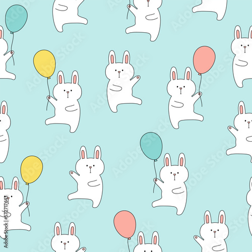 Seamless pattern with cute bunnies with balloons on blue background. Template for baby design.