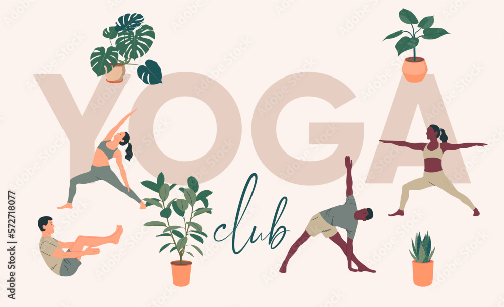 Women and men wearing sportswear doing Yoga. Young slim girls and boys doing yoga. Hand drawn colored Vector illustration. Health care and lifestyle concept. Female and male yoga. Web banner 