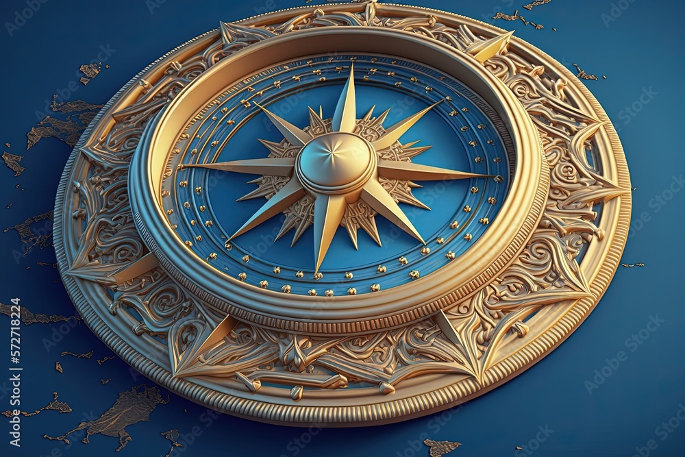 Golden compass isolated on blue background, digital illustration, Generative AI
