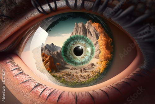Human eye with landscape inside the cornea  digital illustration  Generative AI