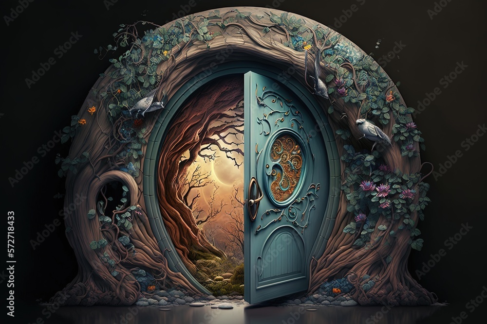 Magic door, door to fantasy dimension, branch and leaf door, digital illustration, Generative AI	

