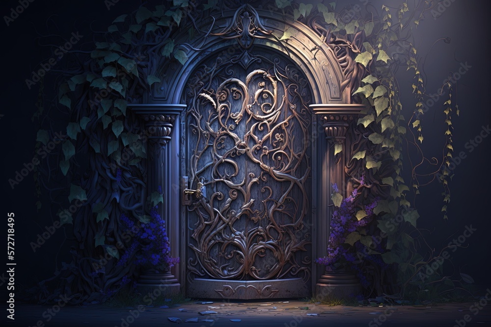 Magic door, door to fantasy dimension, branch and leaf door, digital illustration, Generative AI	
 - obrazy, fototapety, plakaty 