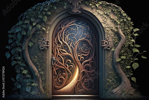 Magic door, door to fantasy dimension, branch and leaf door, digital illustration, Generative AI	
