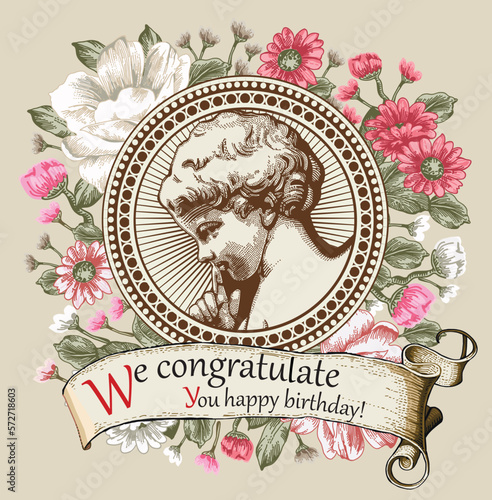 Angel Boy baby child birthday. Frame baroque. Drawing engraving. Vintage background realistic flowers. Wildflowers victorian peonies isolated. Greeting card. Vector Illustration.