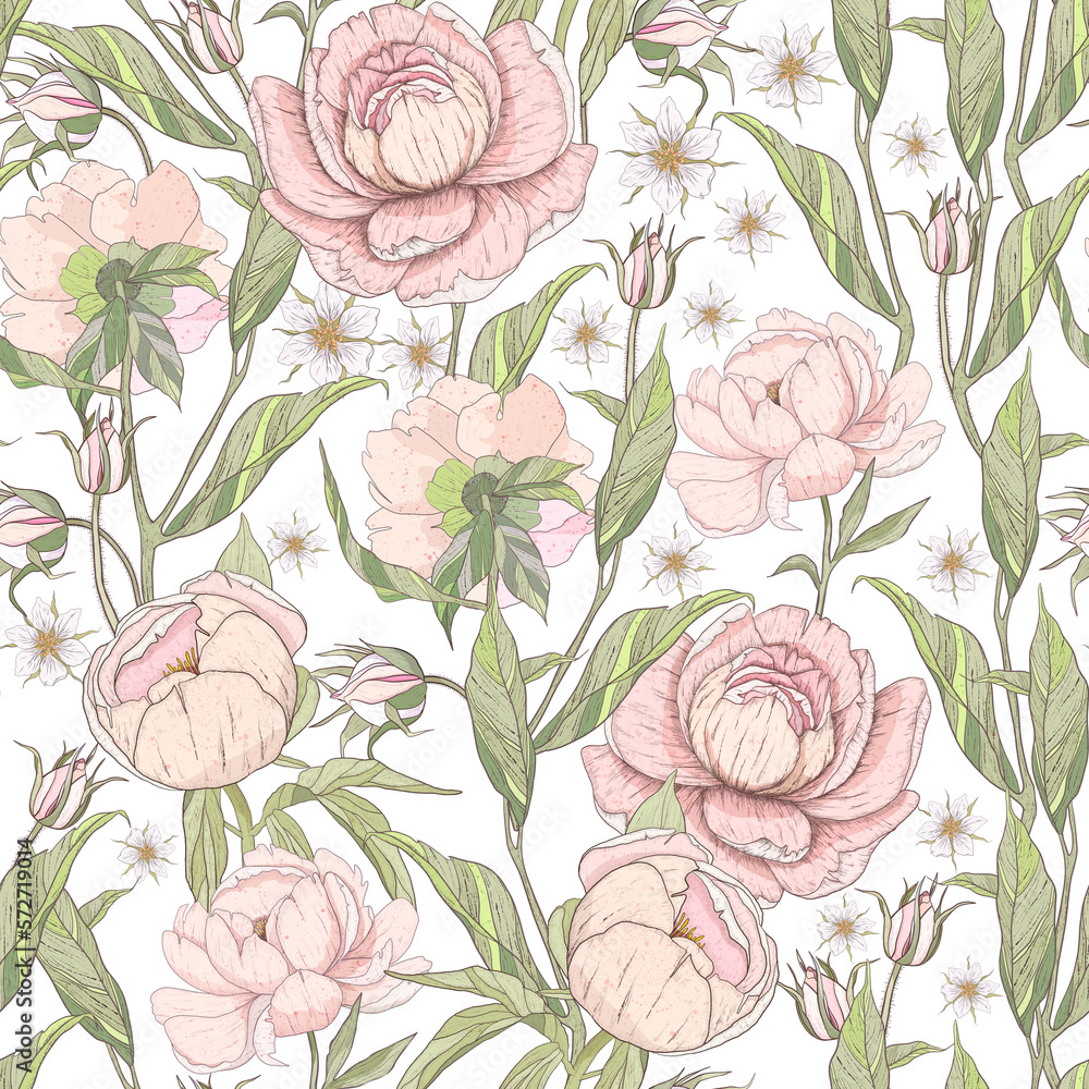Digital hand-drawn floral seamless pattern. Peony garden Digital hand-drawn floral seamless pattern. Peony garden