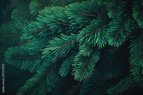 Fir tree brunch close up. Shallow focus. Fluffy fir tree brunch close up. Christmas background Generative AI