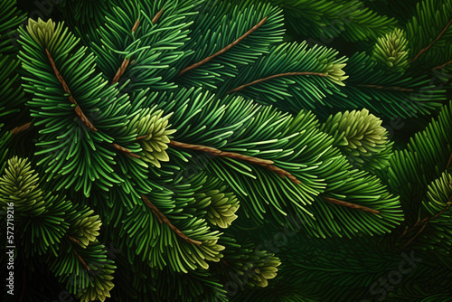 Fir tree brunch close up. Shallow focus. Fluffy fir tree brunch close up. Christmas background Generative AI