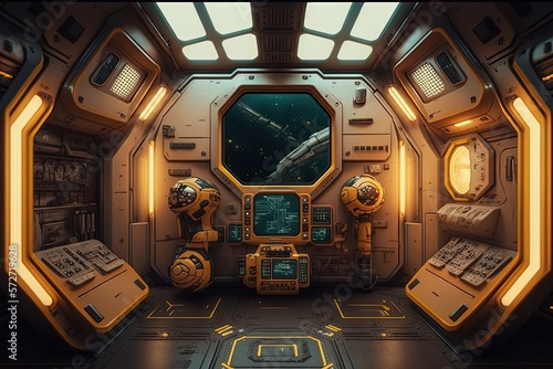 Fototapeta Naklejka Na Ścianę i Meble -  Sci-fi spaceship interior, digital illustration, Generative AI
