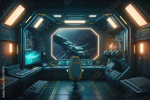 Fototapeta Naklejka Na Ścianę i Meble -  Sci-fi spaceship cabin, digital illustration, Generative AI