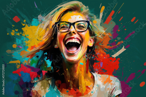 a young adult woman with glasses  abstract creative color explosion  Generative AI