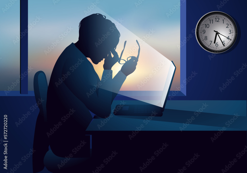 Φωτογραφία Concept de la surcharge de travail en entreprise et du risque de burnout et avec une femme travaillant jusqu’à l’aube sur son ordinateur