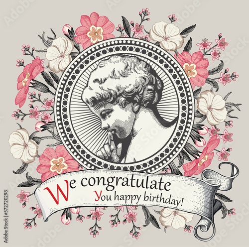 Angel Boy baby child birthday. Frame baroque. Drawing engraving. Vintage background realistic flowers. Wildflowers victorian. Primrose agrostemma Croton isolated. Greeting card. Vector Illustration