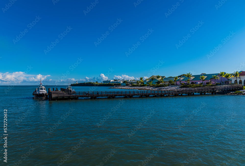 A view across a jetty in Amber Cove, Dominion Republic on a bright sunny morning