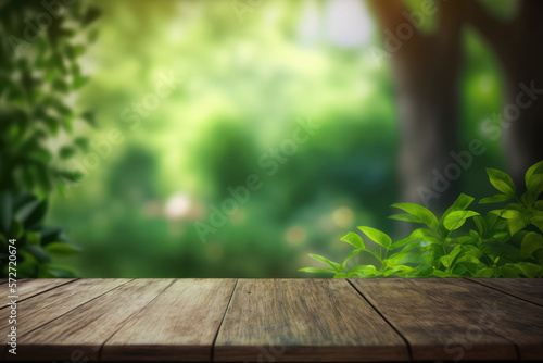 old wooden table and natural landscape background Generative AI