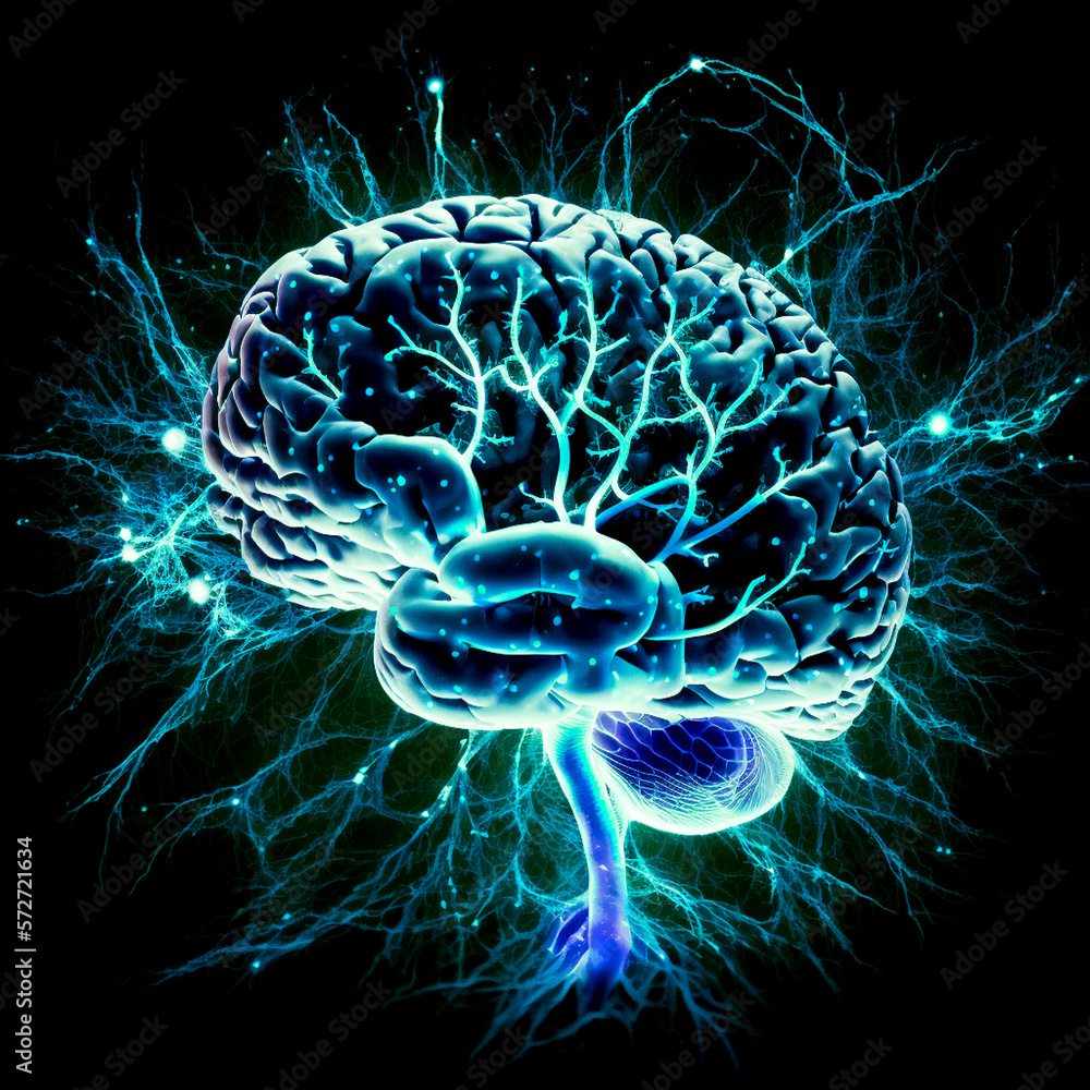 brain with sparkling neuronal activity, generative ai.