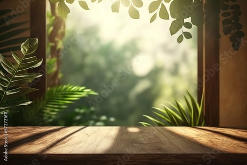 Wooden table and blurred spring background