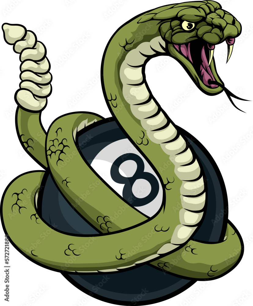 Φωτογραφία A rattlesnake snake angry mean pool billiards mascot cartoon character holding a black 8 ball