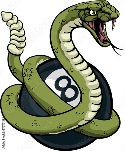 A rattlesnake snake angry mean pool billiards mascot cartoon character holding a black 8 ball.