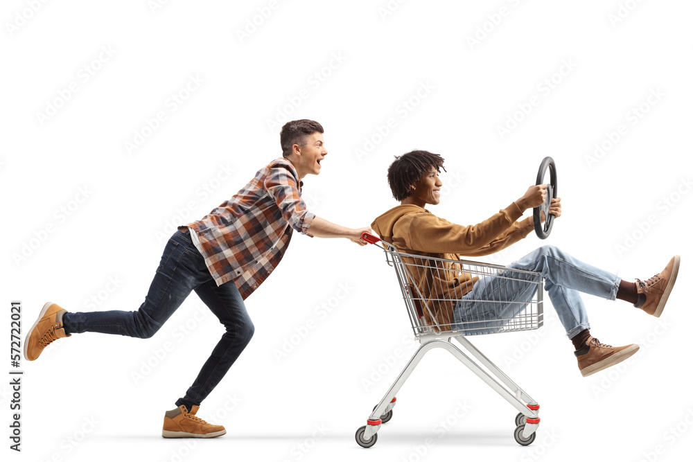 Εκτύπωση καμβά Young caucasian man pushing an african american guy inside a shopping cart