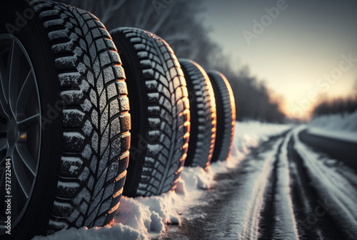 winter tires with winter profile in winter, snow and road, Generative AI photo