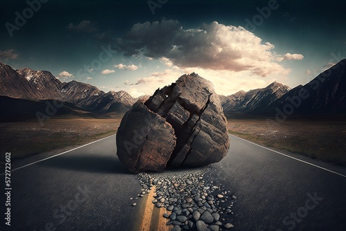 Unexpected rock fall creates dangerous road conditions - Generative AI photo
