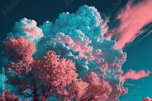 A breathtaking view of the blue sky covered in pink clouds - Generative AI