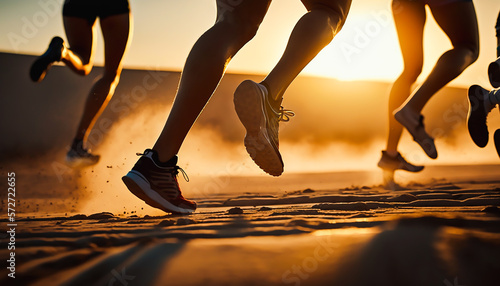 Fényképezés close up legs runner group running on sunrise seaside trail, AI generative
