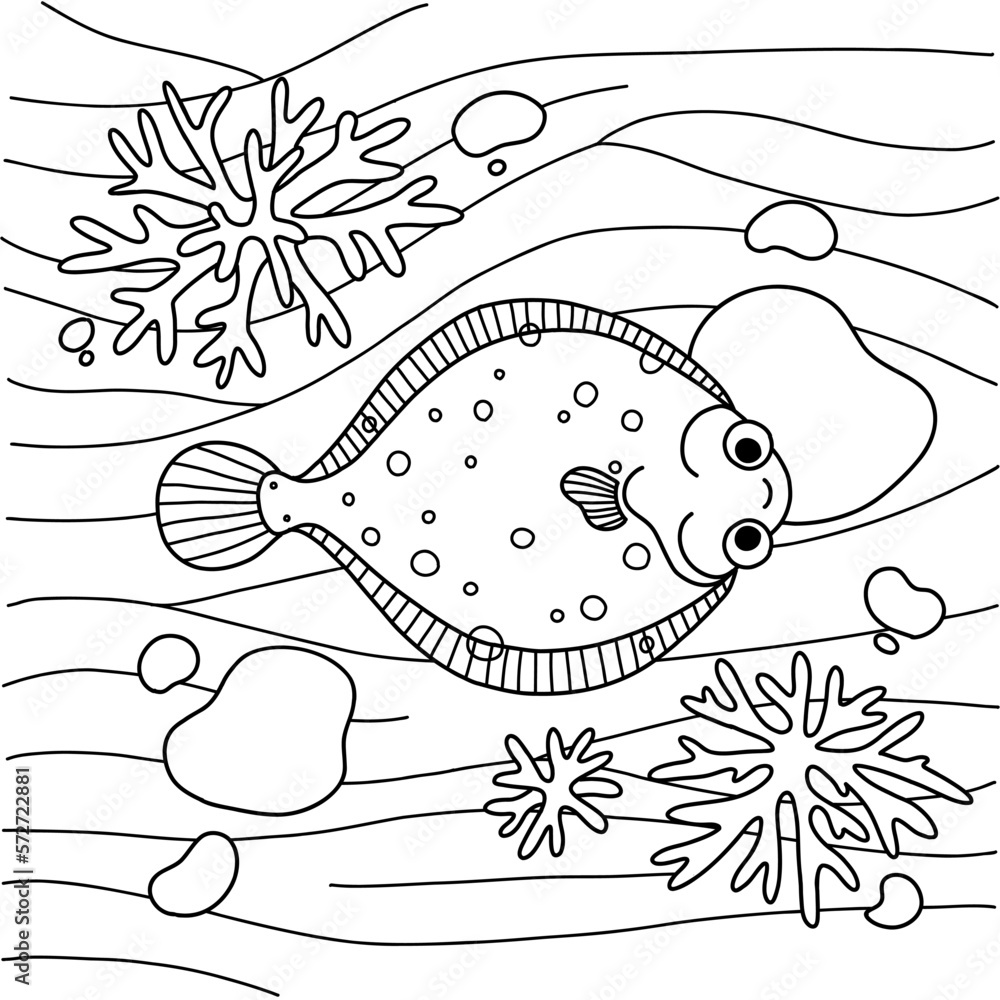 Cute fish coloring page. Kawaii flounder character design. Simple  underwater scene colouring book for kids play and education activity. Easy  print on paper. Stock Vector