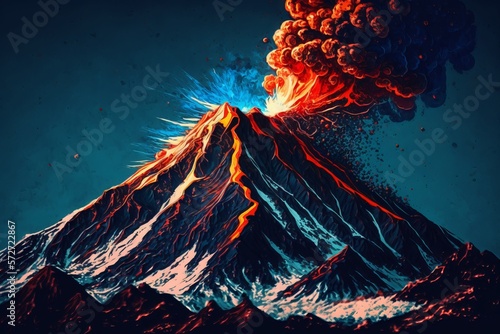Volcano erupts, sending glowing lava shooting into the clear blue sky - Generative AI