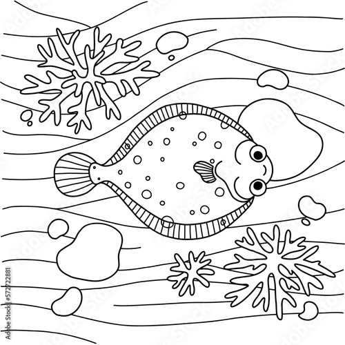 Cute fish coloring page. Kawaii flounder character design. Simple underwater scene colouring book for kids play and education activity. Easy print on paper.