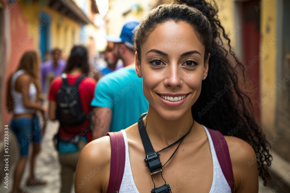 young adult woman or teenager in a side street, people or other tourists in the background, Generative AI