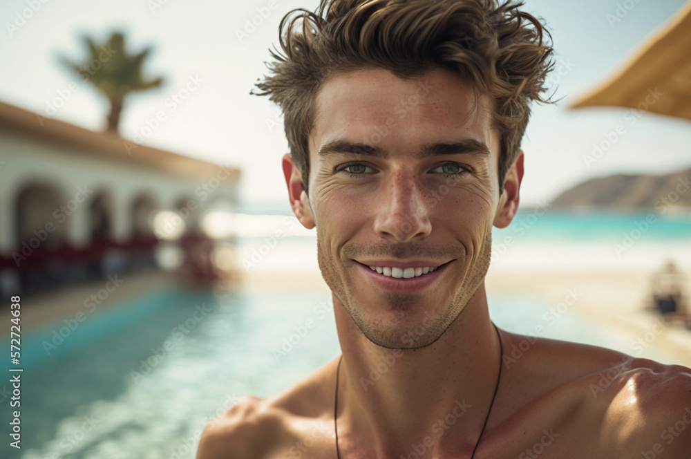 young man on the hotel swimming pool and beach, shirtless, takes a selfie, the blue sea and a sunny day, Generative AI young man on the hotel swimming pool and beach, shirtless, takes a selfie, the blue sea and a sunny day, Generative AI