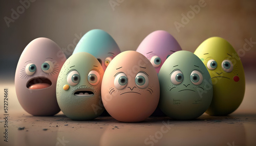 eggs in a row, a joyful group of easter eggs with cute faces and pastel colors
