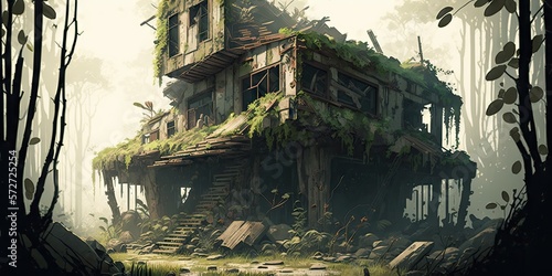 Fototapeta Naklejka Na Ścianę i Meble -  abandoned places overgrown with jungle post apocalypse illustration design art