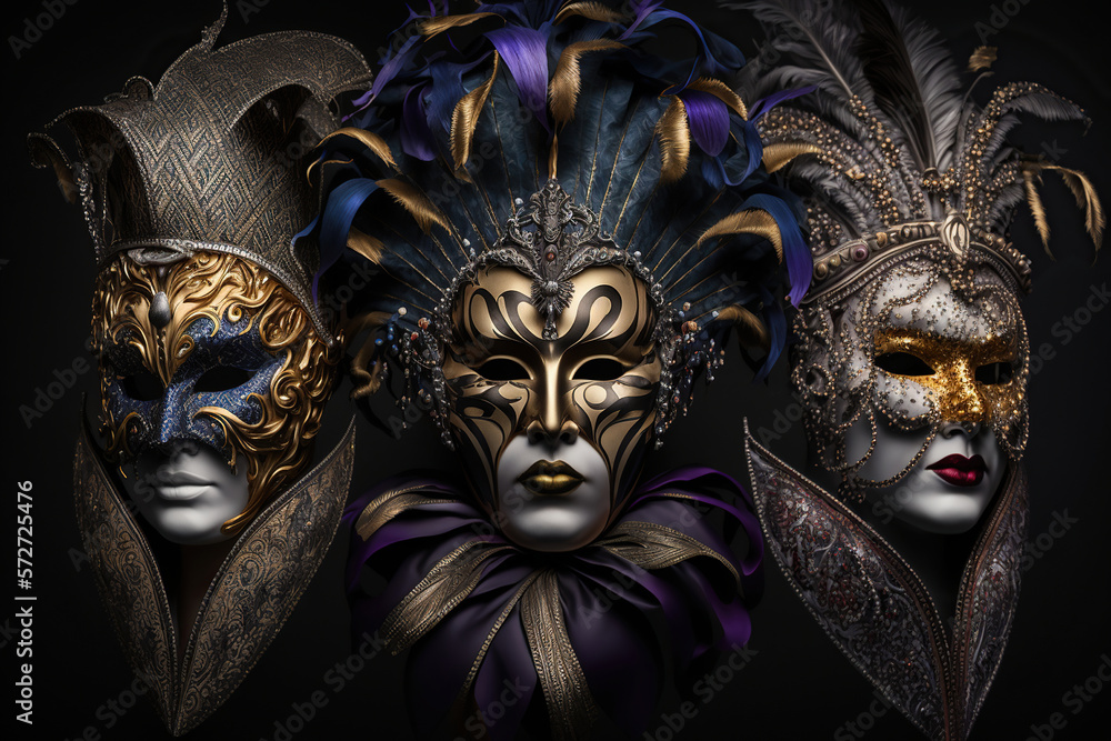 A group of venetian, mardi gras mask or disguise on a dark background, Generative Ai