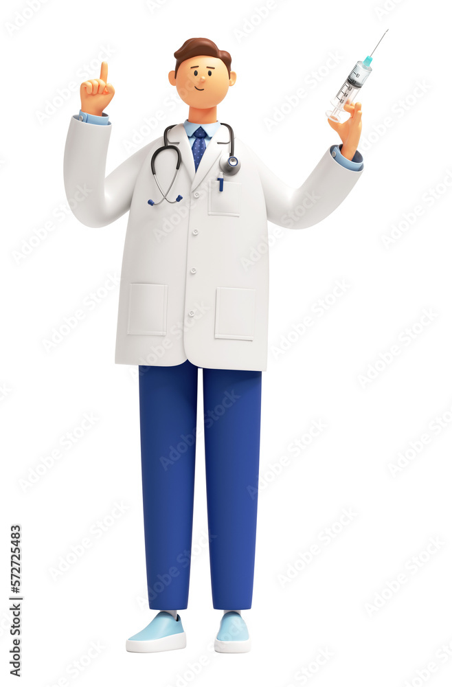 3d render. Doctor cartoon character with finger pointing up, holding syringe with vaccine against coronavirus. Vaccination and immunization. 3d render. Doctor cartoon character with finger pointing up, holding syringe with vaccine against coronavirus. Vaccination and immunization.