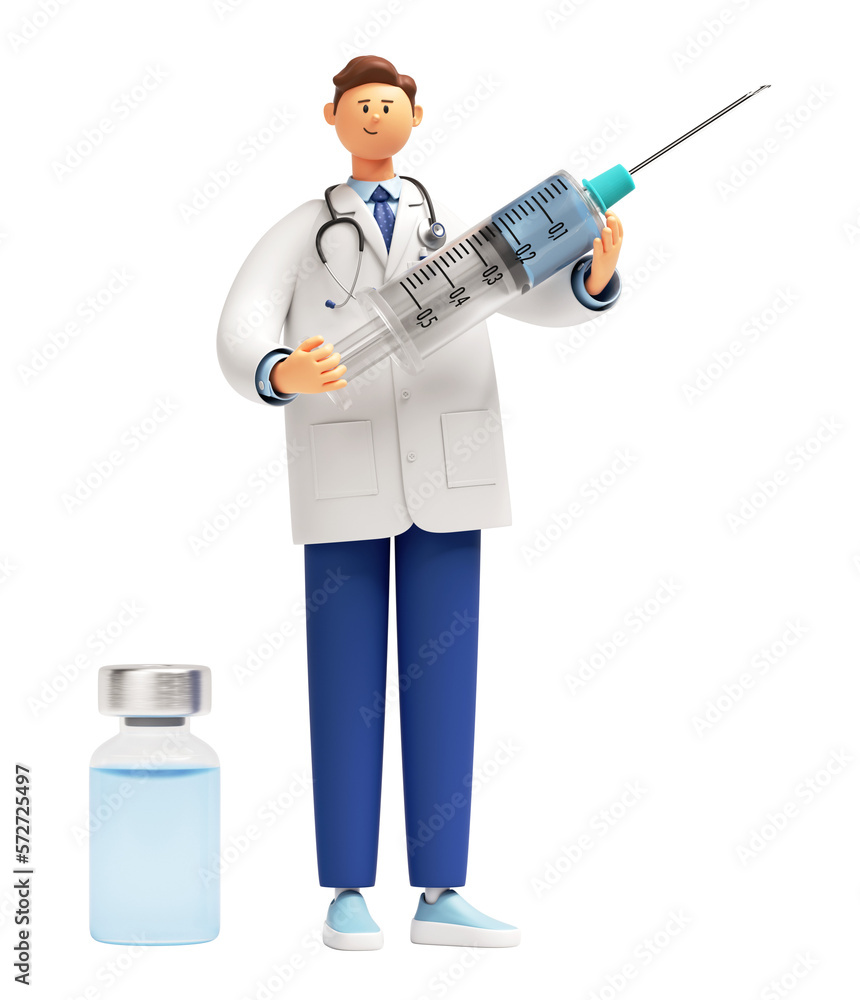 3d render. Doctor or pharmacist cartoon character holds syringe with vaccine against the virus. Immunization concept 3d render. Doctor or pharmacist cartoon character holds syringe with vaccine against the virus. Immunization concept