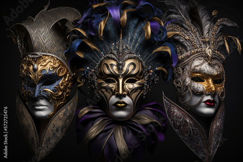 A group of venetian, mardi gras mask or disguise on a dark background, Generative Ai © coco