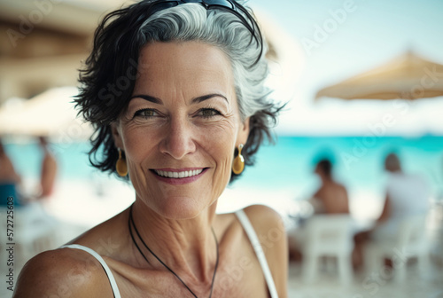 adult mature middle age woman at a beach with a hotel with a swimming pool, Generative AI