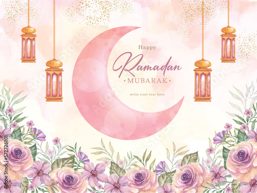 Pink crescent moon painting with arabic lantern on ramadan mubarak greeting card background