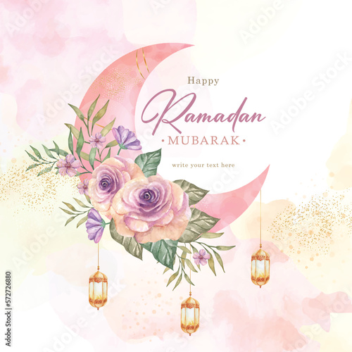 Pink crescent moon painting with rose ornament on ramadan mubarak greeting card background