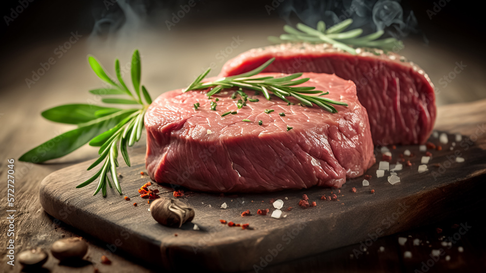 Raw beef fillet steaks with herbs and spices on wooden background