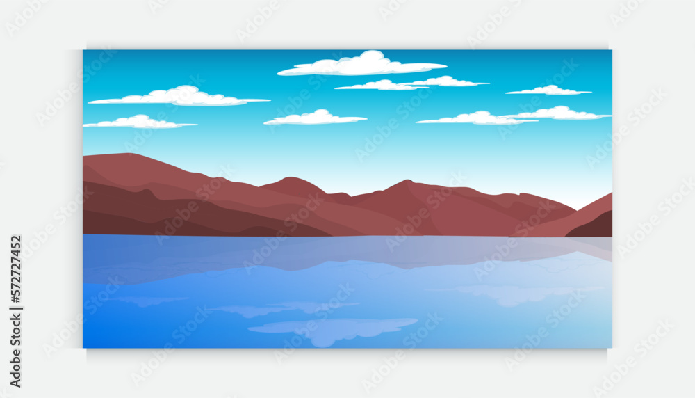 Mountain , Blue Sky reflecting on a lake water  beautiful landscape background , vector design illustration . Landscape, Illustrated with Hills or Mountains, Lake Water,, Blue Background. Nature