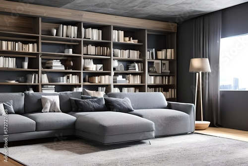 Interior of modern living room with grey sofas, window and shelving unit