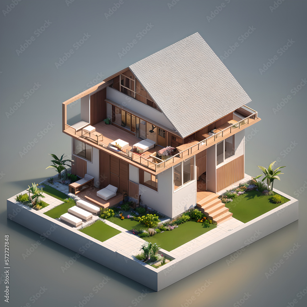 3D reference model of a cute small house for warm climate, AI generated - obrazy, fototapety, plakaty 
