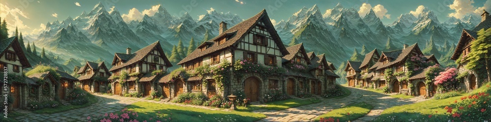 Fairytale village in the Alps. Wide format, large image size. AI